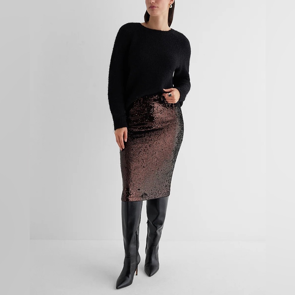 Express High Waisted Sequin Midi Pencil Skirt in Bronze